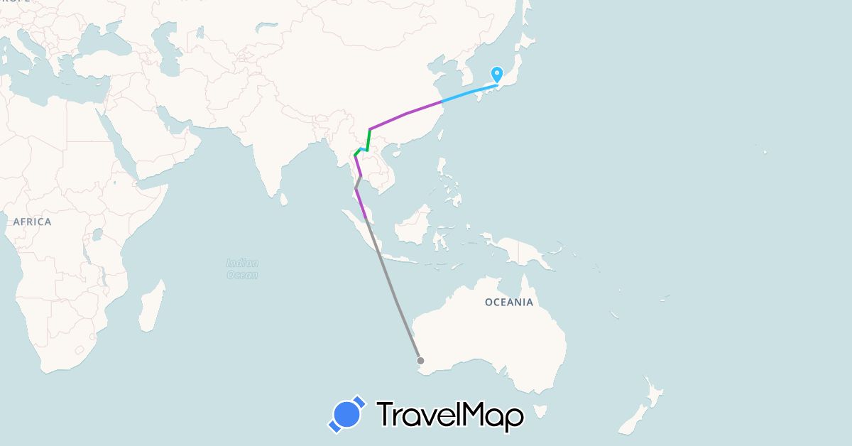 TravelMap itinerary: driving, bus, plane, train, boat in Australia, China, Japan, Laos, Malaysia, Thailand (Asia, Oceania)
